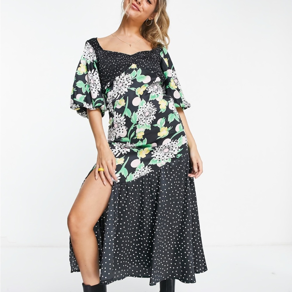 ASOS DESIGN Mixed Print Shirred Midi Tea Dress with Bubble Sleeve-10-NWT